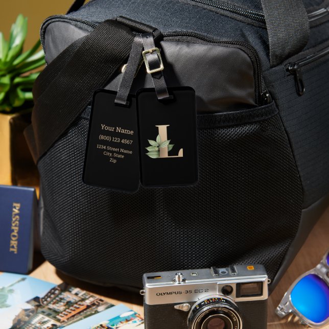 Etiqueta Para Maletas Elegante Monograma Botánico Letra Gold L (Anverso & Reverso)