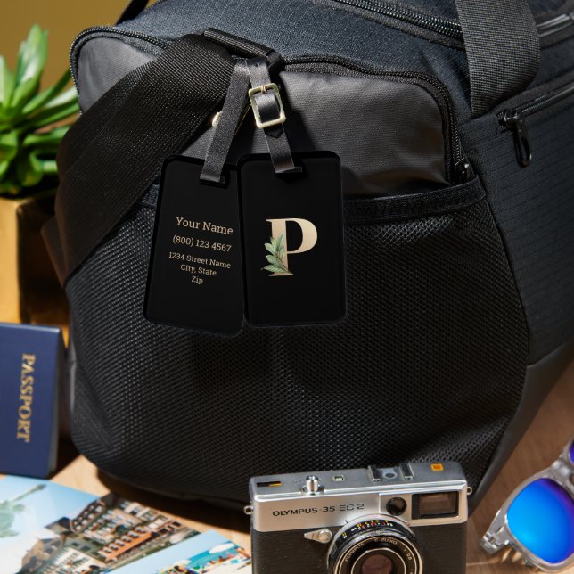 Etiqueta Para Maletas Elegante Monograma Botánico Letra Gold P (Anverso & Reverso)