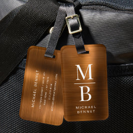 Etiqueta Para Maletas Elegante Monograma de Cobre Metálico Cepillado