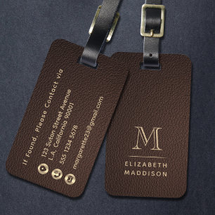 Etiqueta Para Maletas Elegante Monograma de Cuero Marrón Oscuro Moderno 