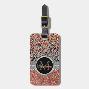 Etiqueta Para Maletas Elegante Monograma de Leopardo Rosa Dorado Purpuri