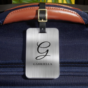 Etiqueta Para Maletas Elegante Monograma de Letra Script Metal Plateado