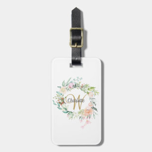 Etiqueta Para Maletas Elegante Monograma de Letras en Oro Rosas Florales