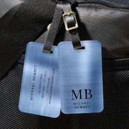Etiqueta Para Maletas Elegante Monograma de Metal Bruñido Azul