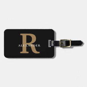 Etiqueta Para Maletas Elegante Monograma de Oro Negro Audaz Nombre de ti