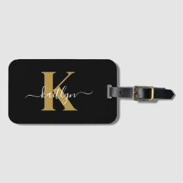 Etiqueta Para Maletas Elegante Monograma de Oro Negro en Letra Script