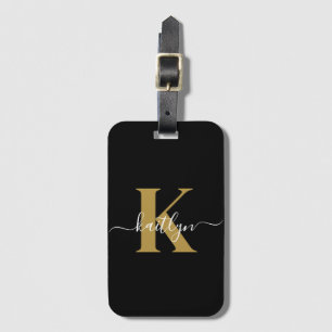 Etiqueta Para Maletas Elegante Monograma de Oro Negro en Letra Script