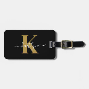Etiqueta Para Maletas Elegante Monograma de Oro Negro en Letra Script