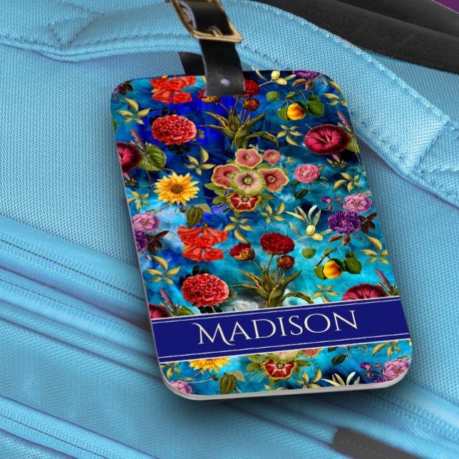 Etiqueta Para Maletas Elegante monograma de patrón floral azul (Subido por el creador)