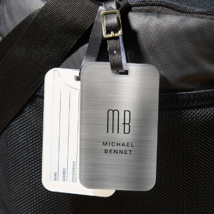 Etiqueta Para Maletas Elegante Monograma de Plata Metalizado Cepillado