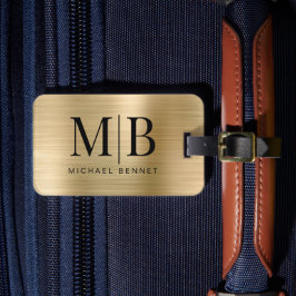 Etiqueta Para Maletas Elegante Monograma Dorado Metálico Pulido