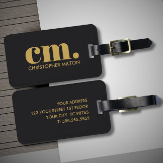 Etiqueta Para Maletas Elegante Monograma Dorado Negro en Negrita