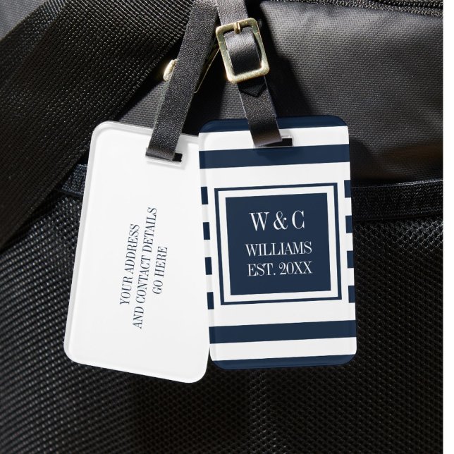 Etiqueta Para Maletas Elegante Monograma Familia Navy Banda Azul (Elegant Monogram Family Name Navy Blue Stripe Luggage Tag)