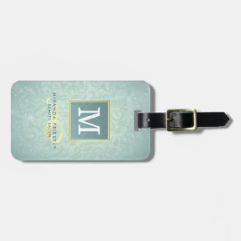 Etiqueta Para Maletas Elegante Monograma Faux Gold Turquoise Damask Flor