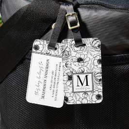 Etiqueta Para Maletas Elegante Monograma Floral en Blanco y Negro
