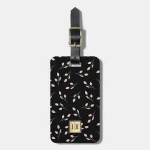 Etiqueta Para Maletas Elegante Monograma floral negro y dorado brillante