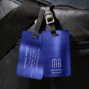 Etiqueta Para Maletas Elegante Monograma Marina Azul