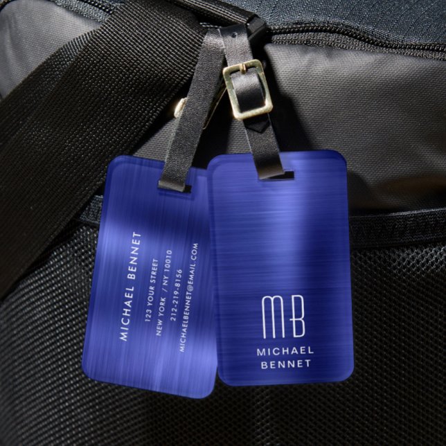 Etiqueta Para Maletas Elegante Monograma Marina Azul (Elegant Monogram Navy Blue Luggage Tag)