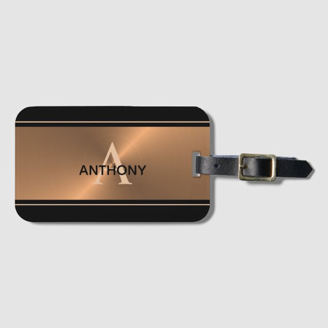 Etiqueta Para Maletas Elegante Monograma Metalizado en bronce negro (Anverso horizontal)