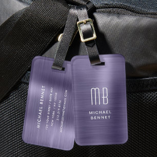 Etiqueta Para Maletas Elegante Monograma Morado Metal Pulido 