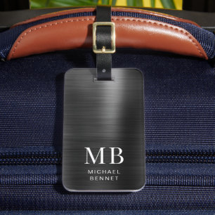 Etiqueta Para Maletas Elegante Monograma negro cepillado metálico