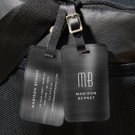 Etiqueta Para Maletas Elegante Monograma Negro Metálico Bruñido