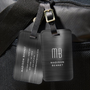 Etiqueta Para Maletas Elegante Monograma Negro Metálico Bruñido