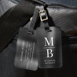 Etiqueta Para Maletas Elegante Monograma Negro Metálico Bruñido