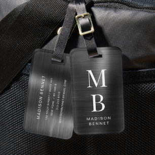 Etiqueta Para Maletas Elegante Monograma Negro Metálico Pulido
