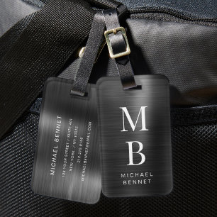Etiqueta Para Maletas Elegante Monograma Negro Metálico Pulido