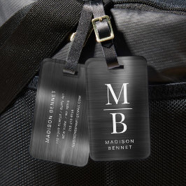 Etiqueta Para Maletas Elegante Monograma Negro Metalizado Pulido 