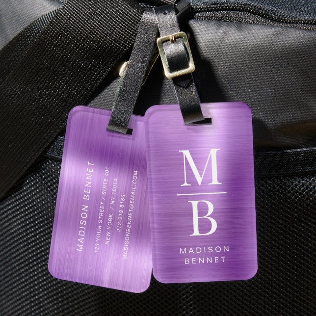 Etiqueta Para Maletas Elegante Monograma Purple Brushic Metálico (Elegant Monogram Purple Brushed Metallic Luggage Tag)