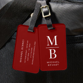 Etiqueta Para Maletas Elegante Monograma Rojo Burdeos