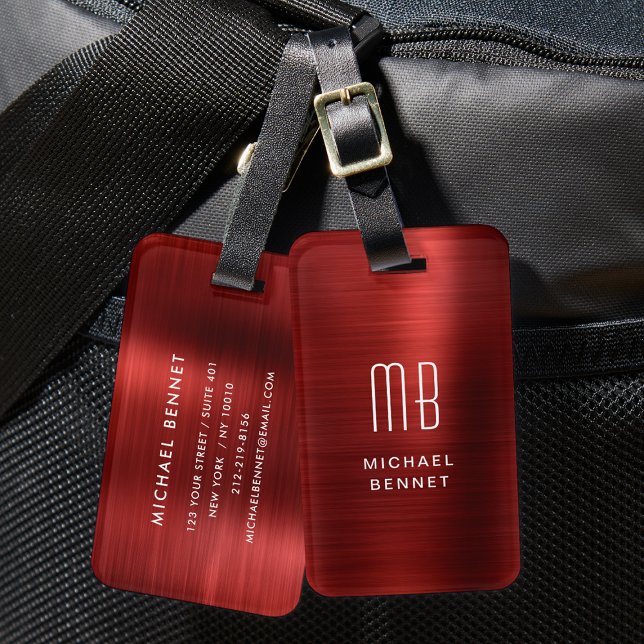 Etiqueta Para Maletas Elegante Monograma Rojo cepillado Metalizado (Elegant Monogram Red Brushed Metal Luggage Tag)