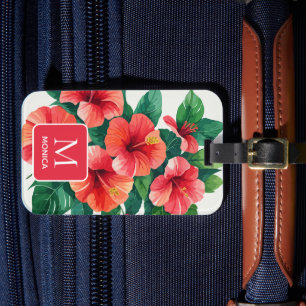 Etiqueta Para Maletas Elegante Monograma Rojo Tropical Hawaii Hibiscus