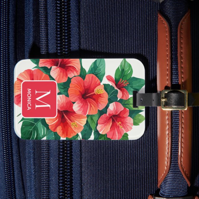 Etiqueta Para Maletas Elegante Monograma Rojo Tropical Hawaii Hibiscus (Anverso In Situ 4)