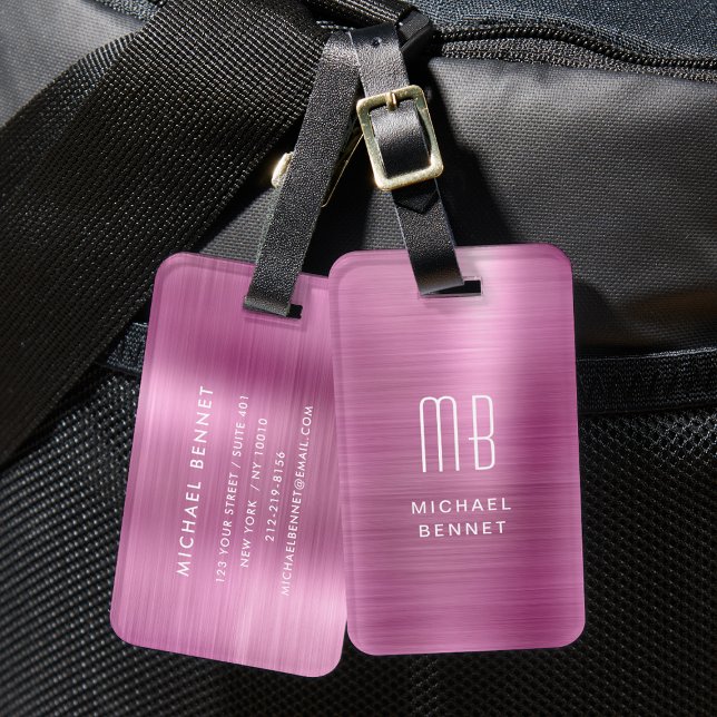 Etiqueta Para Maletas Elegante Monograma Rosa cepillado Metalizado (Elegant Monogram Pink Brushed Metal Luggage Tag)