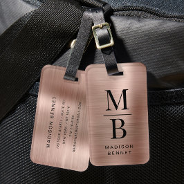 Etiqueta Para Maletas Elegante Monograma Rosa Oro Metálico Pulido