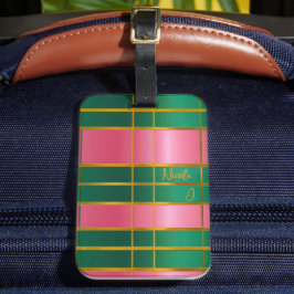 Etiqueta Para Maletas Elegante Monograma Rosa y Verde, Dorado Intenso