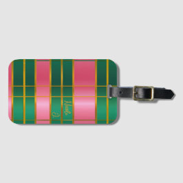 Etiqueta Para Maletas Elegante Monograma Rosa y Verde, Dorado Intenso