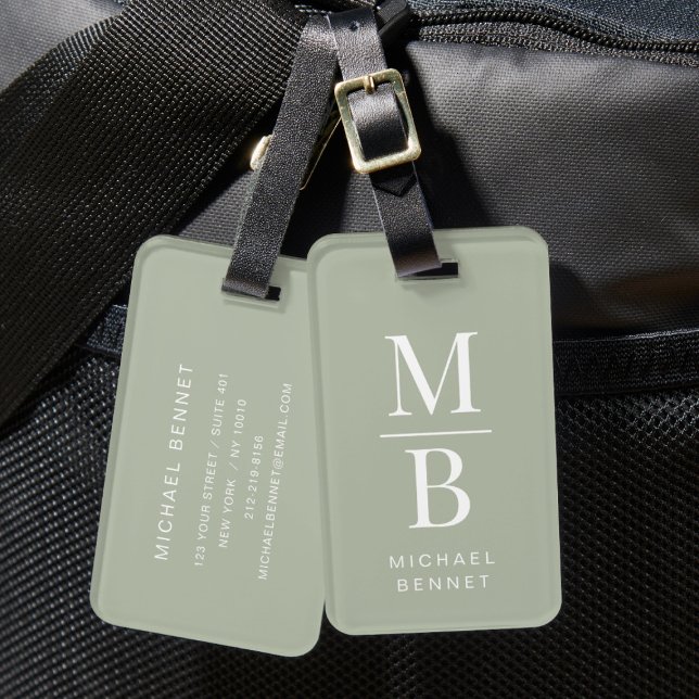 Etiqueta Para Maletas Elegante Monograma Sage Green (Elegant Monogram Sage Green Luggage Tag)