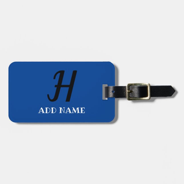 Etiqueta Para Maletas Elegante Monograma Script Moderno Blue Añadir nomb (Frente Horizontal)