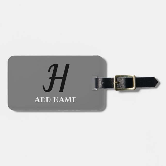 Etiqueta Para Maletas Elegante Monograma Script Moderno Gris Negro Añadi (Frente Horizontal)