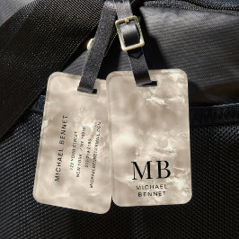 Etiqueta Para Maletas Elegante Monograma Textura Perla Marfil Beige