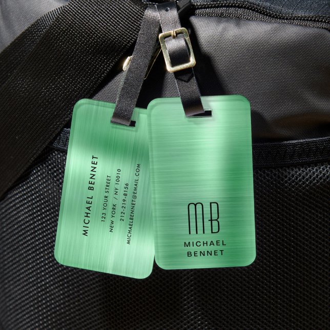 Etiqueta Para Maletas Elegante Monograma Verde (Elegant Monogram Green Luggage Tag)