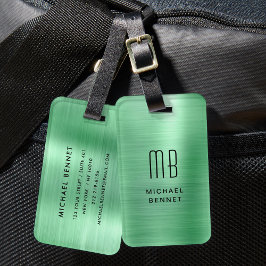 Etiqueta Para Maletas Elegante Monograma Verde Metal Pulido