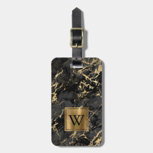 Etiqueta Para Maletas Elegante Monograma Vertical de Mármol Negro y Oro