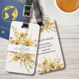 Etiqueta Para Maletas Elegante Monograma Watercolor Sunflower Bouquet