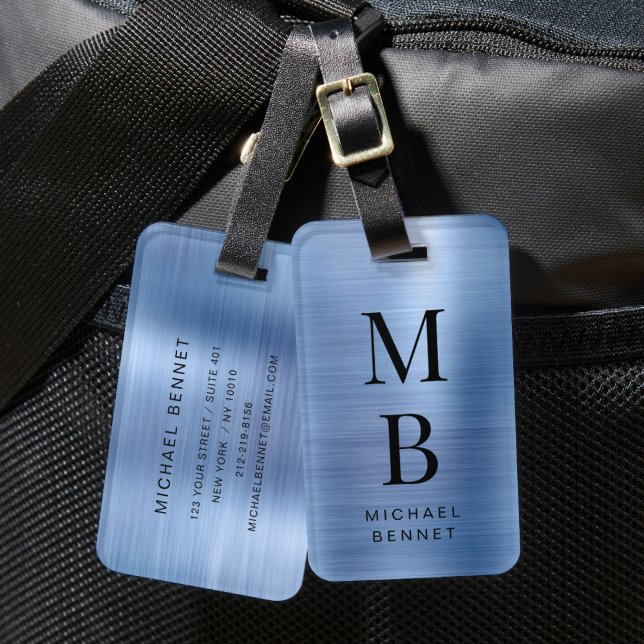 Etiqueta Para Maletas Elegante Monogramado azul cepillado metálico (Elegant Monogrammed Blue Brushed Metallic Luggage Tag)