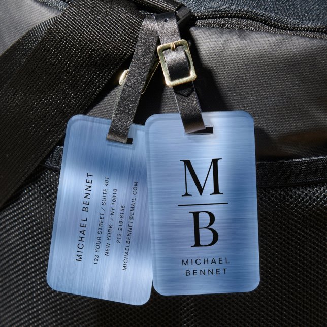 Etiqueta Para Maletas Elegante Monogramado azul cepillado metálico (Elegant Monogrammed Blue Brushed Metallic Luggage Tag)